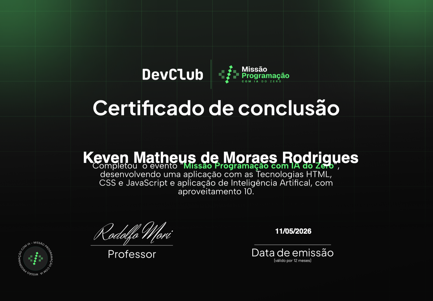 Certificado Missão Programação com IA do Zero — DevClub